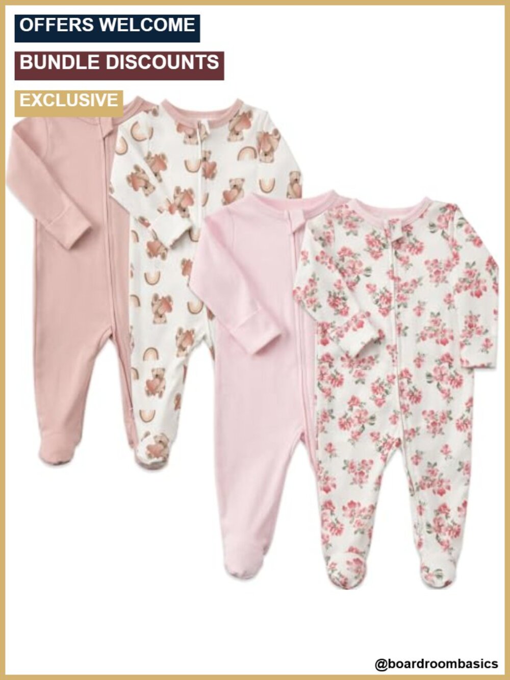 Baby Footed Sleepers 100% Cotton Two-Way Zipper Pajamas 4-Pack